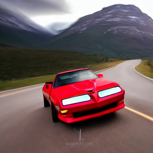 Prompt: black pontiac firebird trans - am driving towards the camera, zerglings running towards the car, norway mountains, valley, lake, dynamic, cinematic, motionblur, volumetric lighting, wide shot, low angle, red glow in sky, large lightning storm