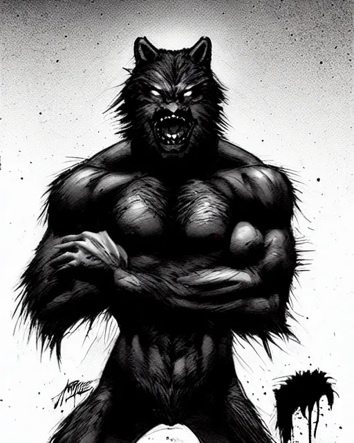 Image similar to in the style of artgerm, steve niles, rafael albuquerque, large hairy werewolf in a shopping mall at night, moody lighting, horror scary terror