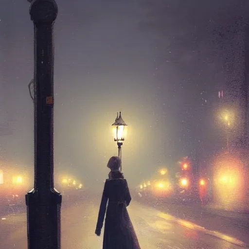 Image similar to lonely road of moscow at night with a single lamp post, walking woman with umbrella, artstation, detailed, by greg rutkowski,