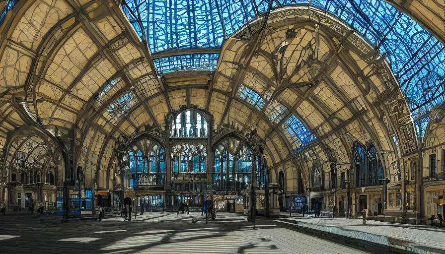 Prompt: neo - gothic train station with blue glass dome, trains, sunny day, volumetric light, hyperdetailed, artstation, cgsociety, 8 k