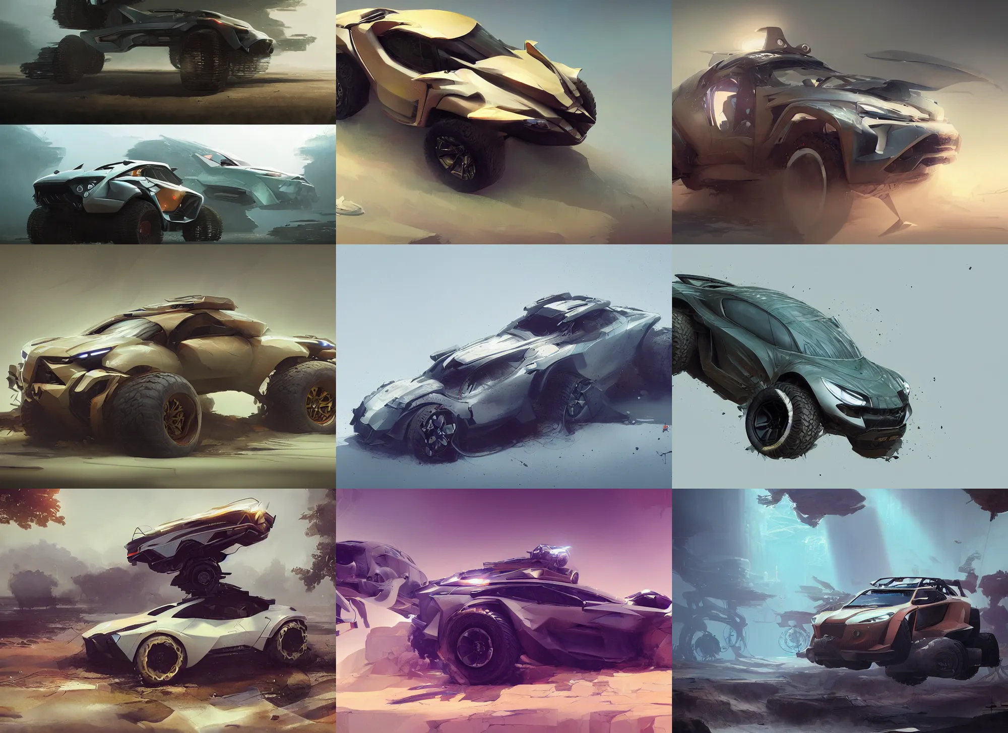 Prompt: a beautiful concept design of a supercar converted into offroad suv by cory loftis, fenghua zhong, ryohei hase, ismail inceoglu and ruan jia. volumetric light, detailed, octane render