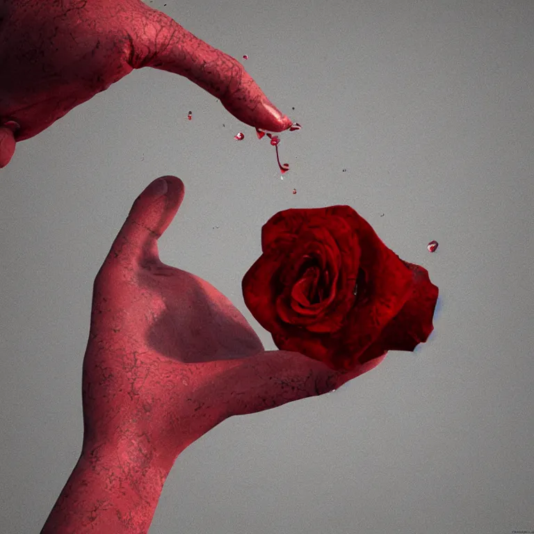 Image similar to a drop of blood fell from the finger of the hand and falls down a bush with roses, unreal engine, hyper realism, high detailed, 8k,