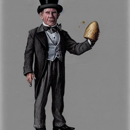 Image similar to an old halfling wearing a suit and top hat matte painting