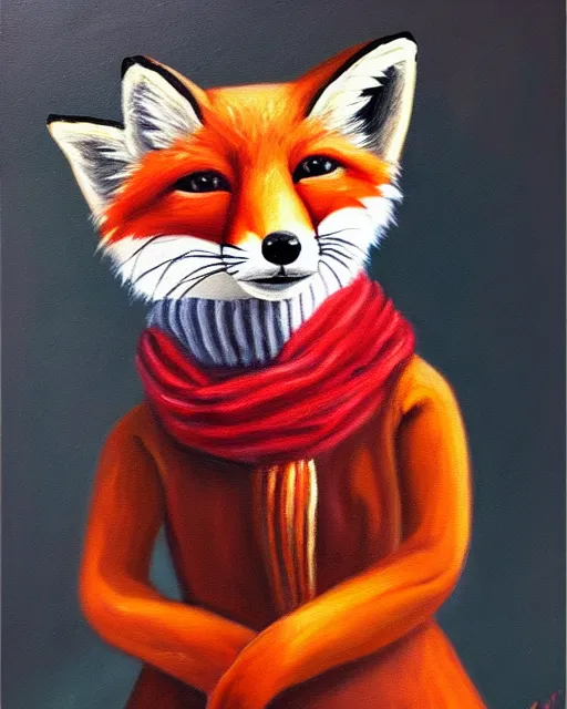 Prompt: oil painting portrait of anthropomorphic female fox animal dressed in sweater and scarf, fox animal, movie set in background, oil painting,