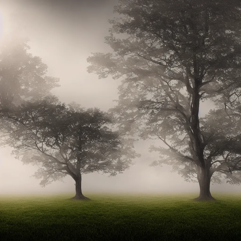 Prompt: A tree growing on a meadow partially covered with morning fog, with leaves divided in four seasons of the year, with tree hollow, with rope ladder, cinematic lighting, photo realistic image, 4K, super detailed, cinematic look