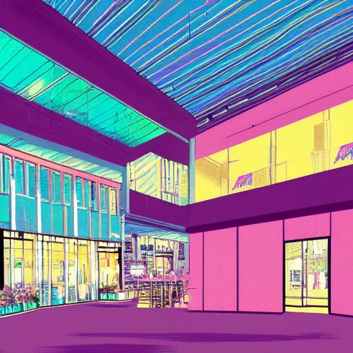 Prompt: illustration in pastel colors of the main atrium of a 1 9 9 0 s mall with abstract neons