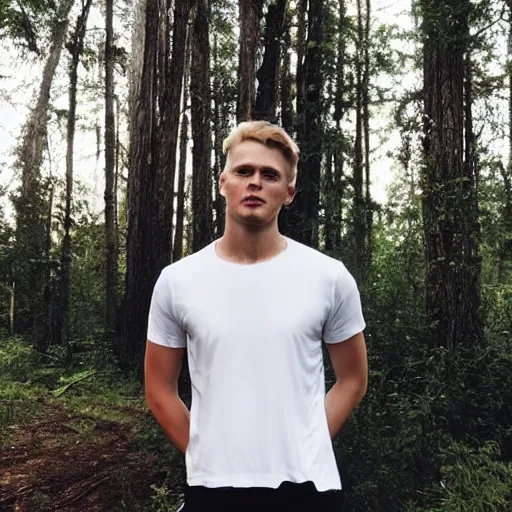Prompt: A young man wearing a white t-shirt and black pants in the woods