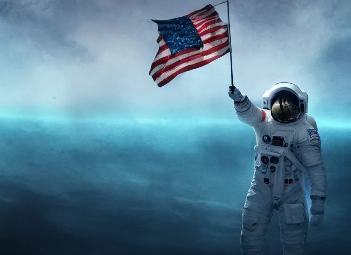 Image similar to astronaut holding a flag in an underwater desert. a submarine is visible in the distance. dark, concept art, cinematic, dramatic, atmospheric, 8 k, trending on artstation, blue, fish, low visibility, fog, ocean floor, christopher nolan, interstellar