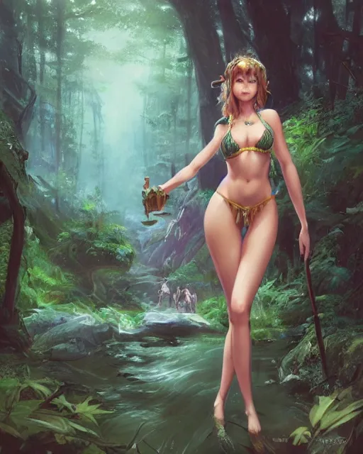 Image similar to A beautiful maid wearing a magical bikini posing in a magical forest, detailed face, 8k face, fantasy art, in the style of greg rutkowski, illustration, epic, fantasy, intricate, hyper detailed, artstation, concept art, smooth, sharp focus