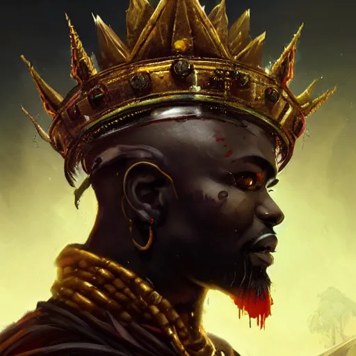 Image similar to a dark and ominous african moor with hypnotizing eyes and a golden crown with a ruby, Apex Legends character digital illustration portrait design, by android jones and greg rutkowski in a cyberpunk voodoo style, detailed, cinematic lighting, wide angle action dynamic portrait