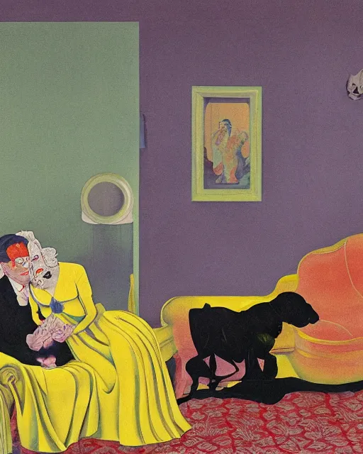 Prompt: old dead couple on couch with a big black dog in a yellow art deco interior room in the style of Francis Bacon and Syd Mead, open ceiling, highly detailed, painted by Francis Bacon and Edward Hopper, couple and dog painted by James Gilleard, surrealism, airbrush, very coherent, triadic color scheme, art by Takato Yamamoto and James Jean