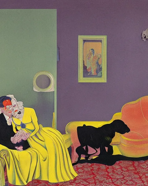 Image similar to old dead couple on couch with a big black dog in a yellow art deco interior room in the style of Francis Bacon and Syd Mead, open ceiling, highly detailed, painted by Francis Bacon and Edward Hopper, couple and dog painted by James Gilleard, surrealism, airbrush, very coherent, triadic color scheme, art by Takato Yamamoto and James Jean