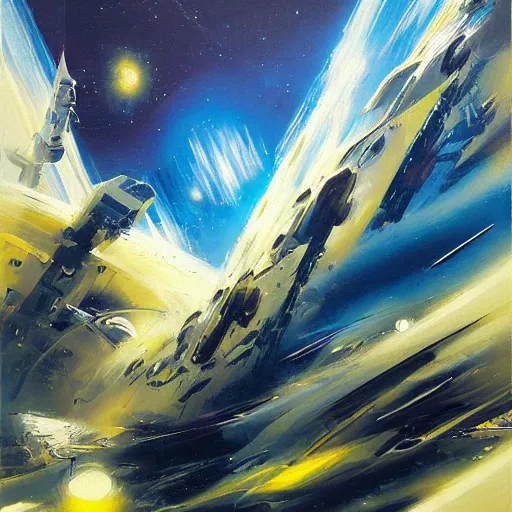 Image similar to minimalist space warp concept art oil painting by john berkey , minimal detailed, brush hard