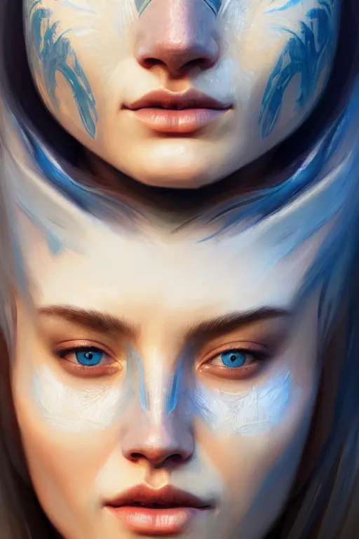 Prompt: ultra detailed facial portrait of beautiful nordic woman, blue eyes, wearing a tribal mask, extremely detailed digital painting, in the style of fenghua zhong and ruan jia and jeremy lipking and peter mohrbacher, mystical colors, rim light, beautiful lighting, 8 k, stunning scene, raytracing, octane, trending on artstation