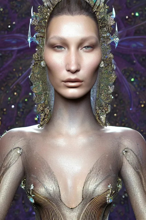 Image similar to a highly detailed portrait of a beautiful alien woman goddess bella hadid in iris van herpen dress in diamonds and fractals in style of alphonse mucha art nuvo dmt trending on artstation made in unreal engine 4