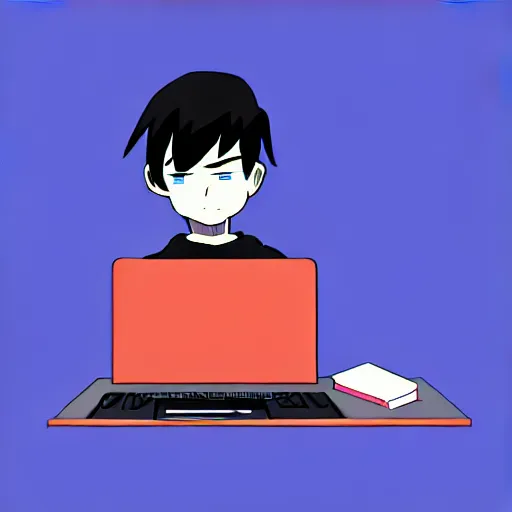 Prompt: a smart teenager boy with a black hoodie sitting behind his laptop and programming, digital art, anime style, trending on Artstation