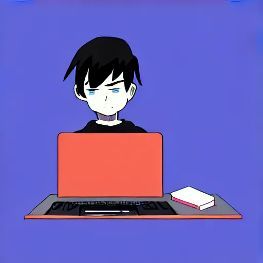 Image similar to a smart teenager boy with a black hoodie sitting behind his laptop and programming, digital art, anime style, trending on Artstation