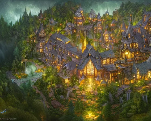 Prompt: fantasy village next to a forest, aerial view, deep focus, d & d, fantasy, intricate, elegant, highly detailed, digital painting, artstation, concept art, matte, sharp focus, illustration, hearthstone, art by artgerm and greg rutkowski and laura sava and alphonse mucha