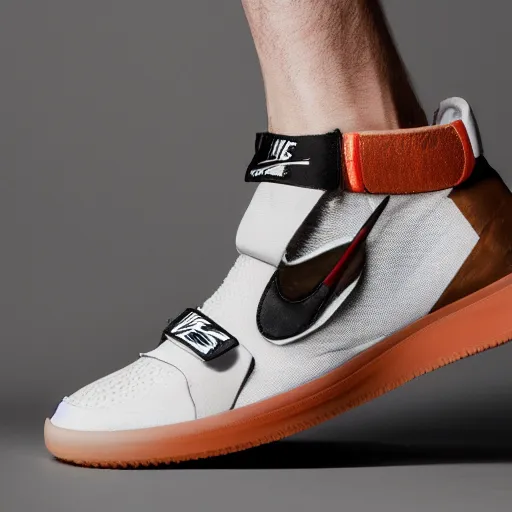 Image similar to a studio photoshoot of Nike sneakers designed by Tom Sachs, leather with mesh material, gum rubber outsole, realistic, color film photography by Tlyer Mitchell, 35 mm, graflex