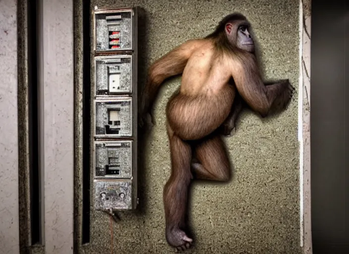 Image similar to human - ape hybrid inside fuse box in post communist apartment building