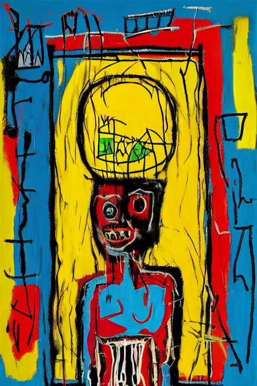 Image similar to a woman inside of an empty light bulb. the woman has wings. by basquiat