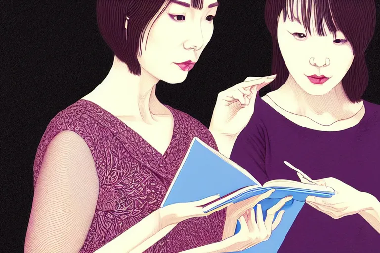 Prompt: portrait of two wise and very beautiful women discussing some texts appearing in a computer screen, art by fuji choko, intricate, elegant, highly detailed, smooth, sharp focus, artstation