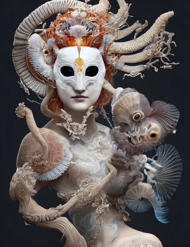 Image similar to 3 d goddess half - turn portrait with ram skull. beautiful intricately detailed japanese crow kitsune mask and clasical japanese kimono. betta fish, jellyfish phoenix, bio luminescent, plasma, ice, water, wind, creature, artwork by tooth wu and wlop and beeple and greg rutkowski