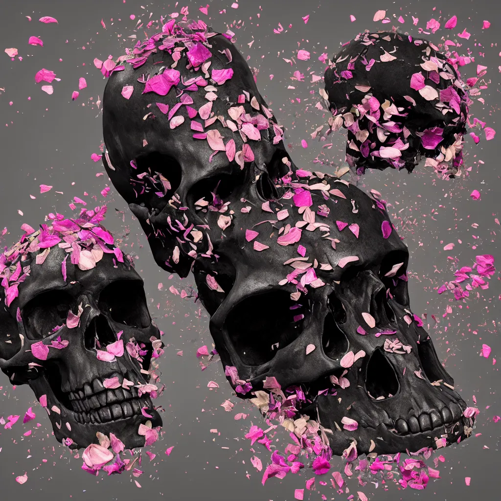 Image similar to obsidian skull surrounded by flower petals, octane render, trending on artstation