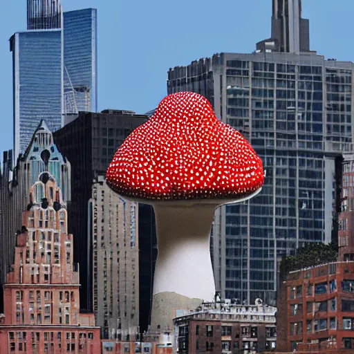 Prompt: a building of the shape of an amanita muscaria in the New York skyline, photorealistic