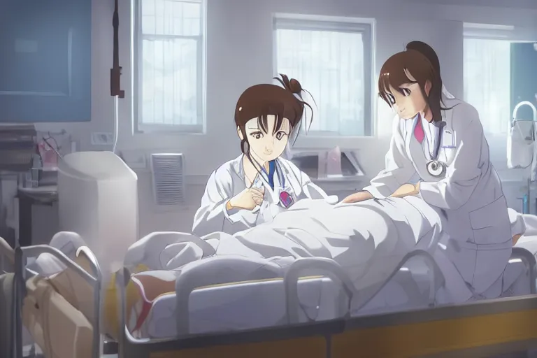 Image similar to a cute and beautiful young female doctor wearing white coat are taking care of a patient on a bed in a hospital ward, slice of life anime, anime scenery by Makoto shinkai