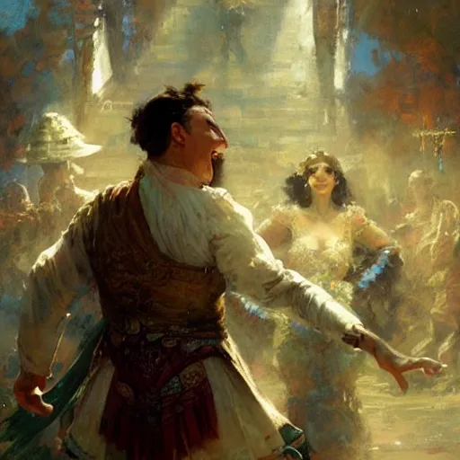 Prompt: an elated chancellor, dancing a jig, character portrait by greg rutkowski, gaston bussiere, craig mullins