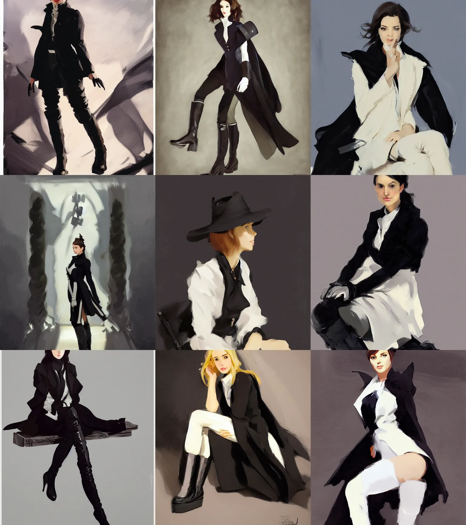 Prompt: black white cloth fabric jodhpurs knee high boots travel coat fashion, portrait in sitting pose, greg manchess painting by sargent and leyendecker, studio ghibli, fantasy, asymmetrical, intricate, elegant, matte painting, illustration, hearthstone, by greg rutkowski, by greg tocchini, by james gilleard, by joe fenton