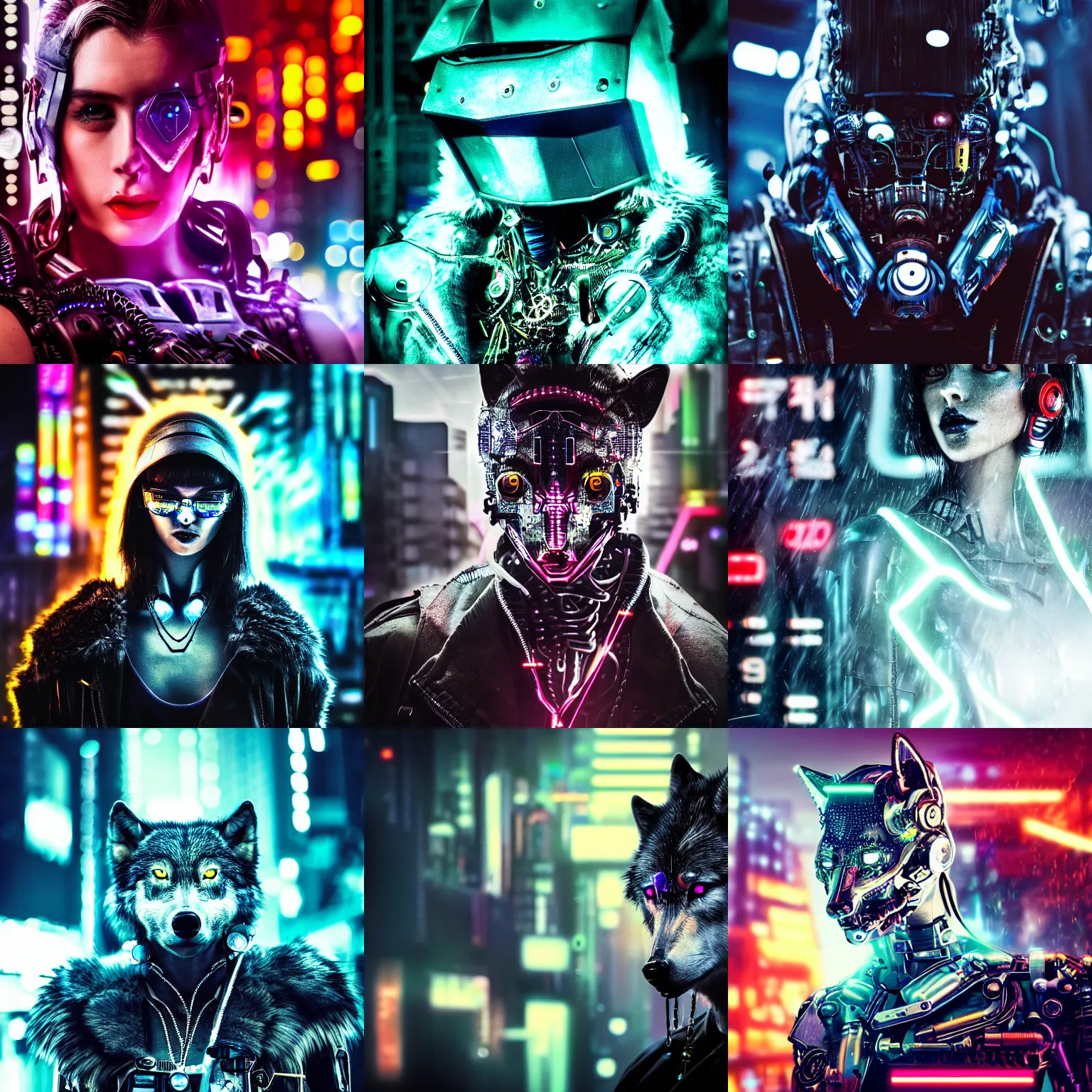 Prompt: portrait of half cybernetic wolf with cyberpunk gogles, mechanical parts, jewelry, editorial photography, neons, blade runner, futuristic style, realistic bokeh and depth of field, award winning, establishing shot