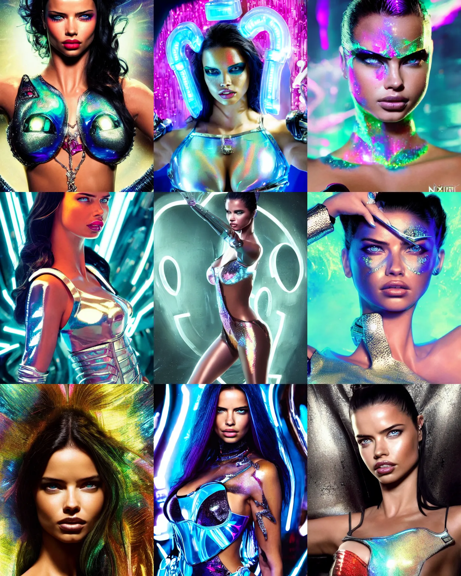 Prompt: BOTS movie poster portrait of adriana lima as a pearlescent shiny cyborg young woman looking at the camera :: artsy photoshoot, hair worn up, rave makeup, elaborate oled jewelry, fun rave outfit, :: trending on artstation, morning, ue5, sci-fi, epic digital concept art, smooth, :: nixri, Greg rutkowski, wlop, ::