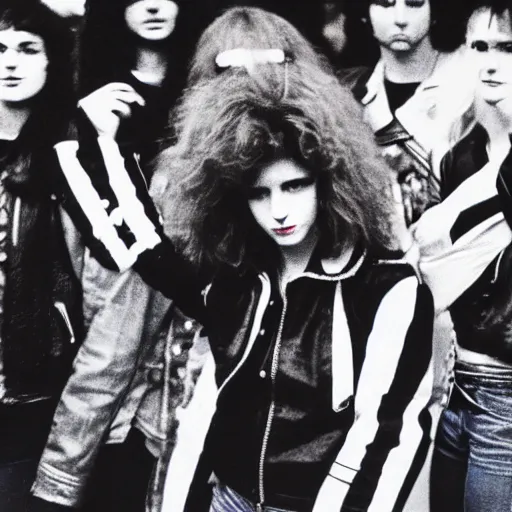 Image similar to 19-year-old girl wearing black leather jacket and denim jeans, New Wave of British Heavy Metal, 1983, Polaroid, crowd of longhairs, British flag, concert