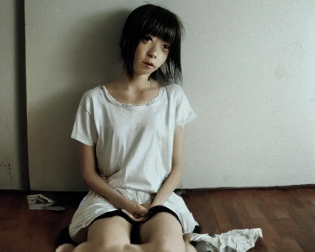 Prompt: a film still of lone anime girl in white tshirt is sitting on poor bed in pale colors room in dark russian flat, perfect faces, fine details, anime, cinestill