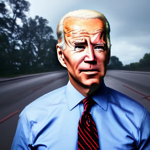 Image similar to portrait of asphalt face, joe biden, lasers shooting out of glowing eyes, smooth reflections, angry looking at camera, outdoor, black sky, 8 k, realistic, depth of field, rule of thirds, highly detailed, award winning photography.