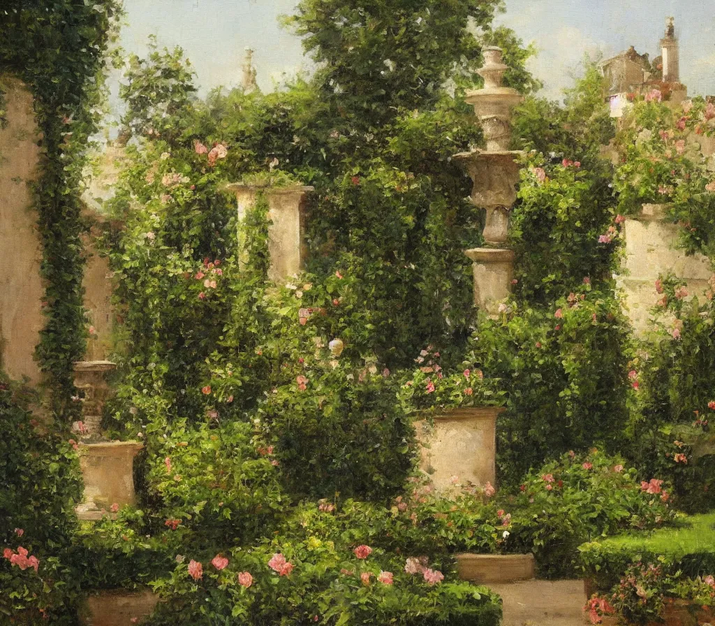 Prompt: Small garden with hedges, center fountain. history painting, artificial sun light, peaceful tiny walled garden, artstation, oil on canvas, by Albert Aublet, Private Collection
