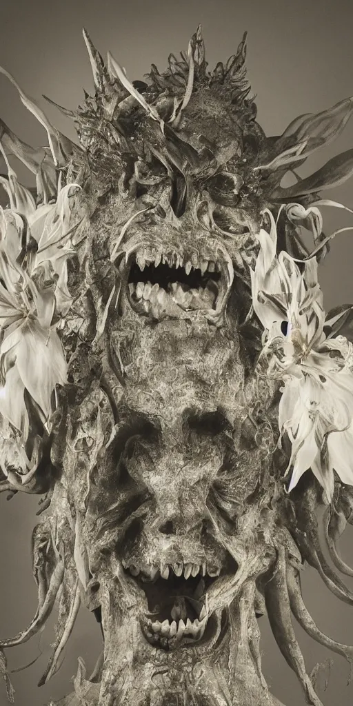 Image similar to a frontal studio headshot photograph of an elder demon. a large lily asiatic with teeth.