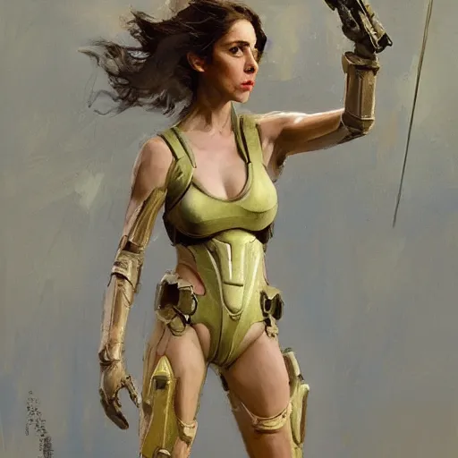 Image similar to alison brie as master chief, intricate, elegant, highly detailed, greg manchess, mucha, liepke, ruan jia, jeffrey catherine jones, ridley scott