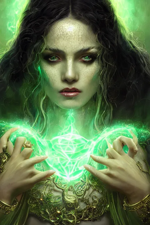 Image similar to a close - up portrait of a hauntingly beautiful sorceress wearing a black robe with gold embroidery, casting a spell, green glows, painted by artgerm and tom bagshaw, highly detailed digital art