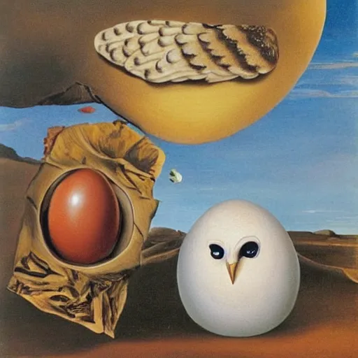 Image similar to A pair of barn owls and a floating egg, oil painting by Salvador Dali