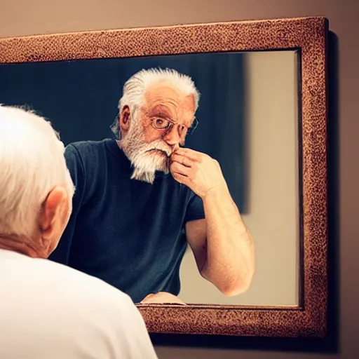 Prompt: old man looking at himself in the mirror