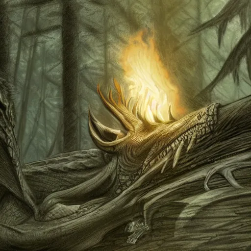 Image similar to a pencil sketch of a dragon breathing fire, forest background, highly detailed, cinematic shot, intricate, 8 k