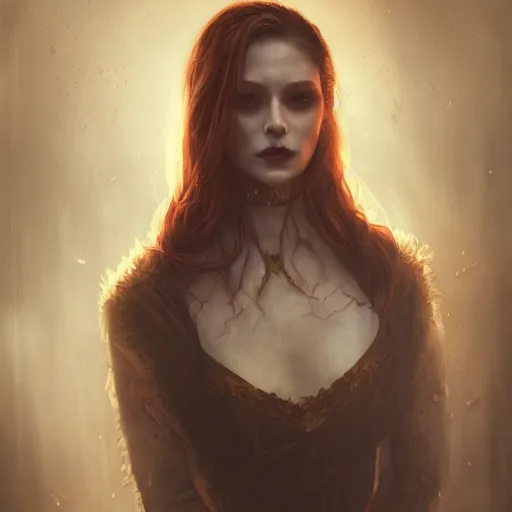 Image similar to Menacing regal female vampire portrait, atmospheric lighting, painted, intricate, volumetric lighting, beautiful, rich deep colors masterpiece, golden hour, sharp focus, ultra detailed, by Leesha Hannigan, Ross Tran, Thierry Doizon, Kai Carpenter,Ignacio Fernández Ríos