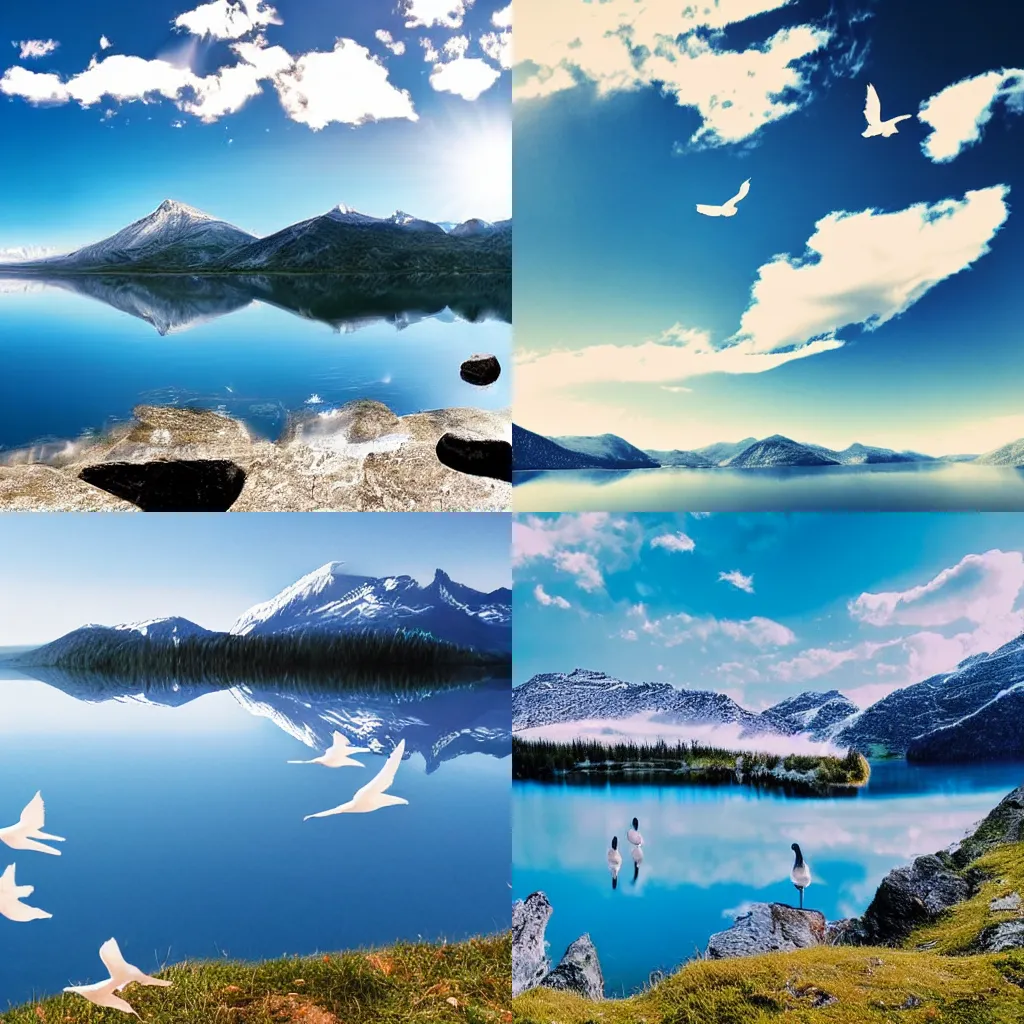 Prompt: three white birds in a blue sky flying over a lake and mountain, beautiful landscape