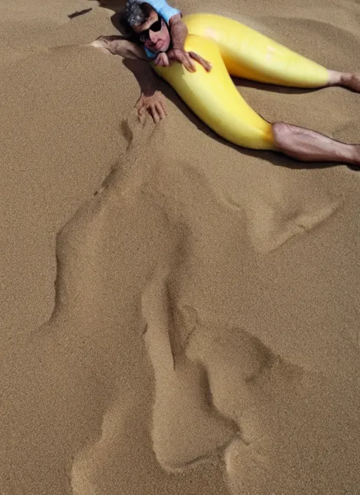 Image similar to jeff goldblum as a banana on the sand of a beach