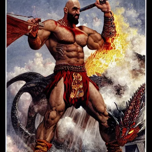 Image similar to a detailed rendition of kratos as lebron james riding a gigantic fire breathing dragon, art by norman rockwell