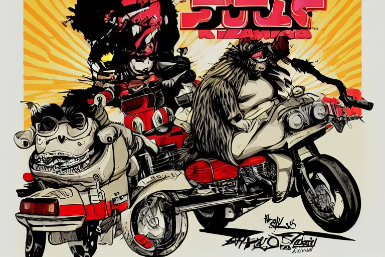 Image similar to pizza the hut, akira's motorcycle, gorillaz, poster, high quality