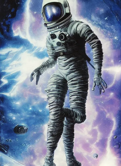 Image similar to astronaut in dark void underwater - complex and hyperdetailed technical suit design. reflection and dispersion materials. rays and dispersion of light. volumetric light. f / 3 2. noise film photo. flash photography. ultra realistic, 5 0 mm. poster by wayne barlowe, hajime sorayama aaron horkey, craig mullins